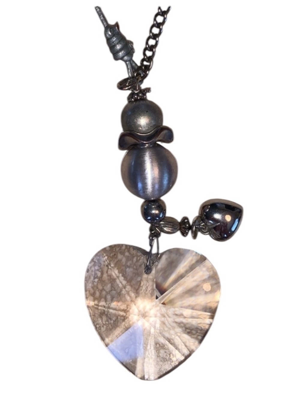 Ragamuffin Couture crystal heart Necklace, chain, leather cord, beads ooak euc
